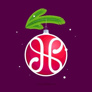 H harfi ile Noel kırmızı top ve çam dalları.