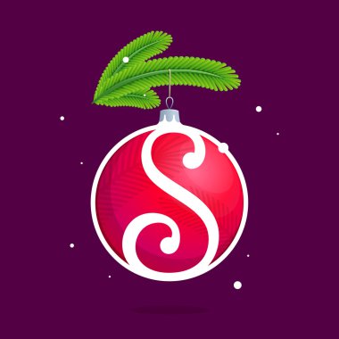 S harfi ile Noel kırmızı top ve çam dalları.