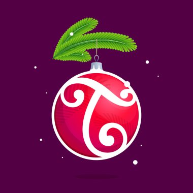 T harfi ile Noel kırmızı top ve çam dalları.