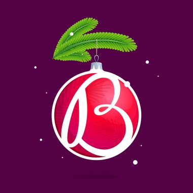 B harfi ile Noel kırmızı top ve çam dalları.