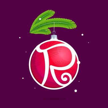 R harfi ile Noel kırmızı top ve çam dalları.