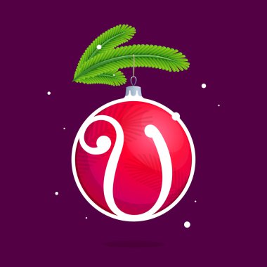 V harfi ile Noel kırmızı top ve çam dalları.