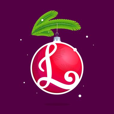 L harfi ile Noel kırmızı top ve çam dalları.