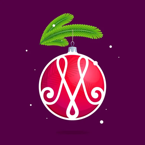 Lettre M avec boule rouge de Noël et branches de sapin . — Image vectorielle