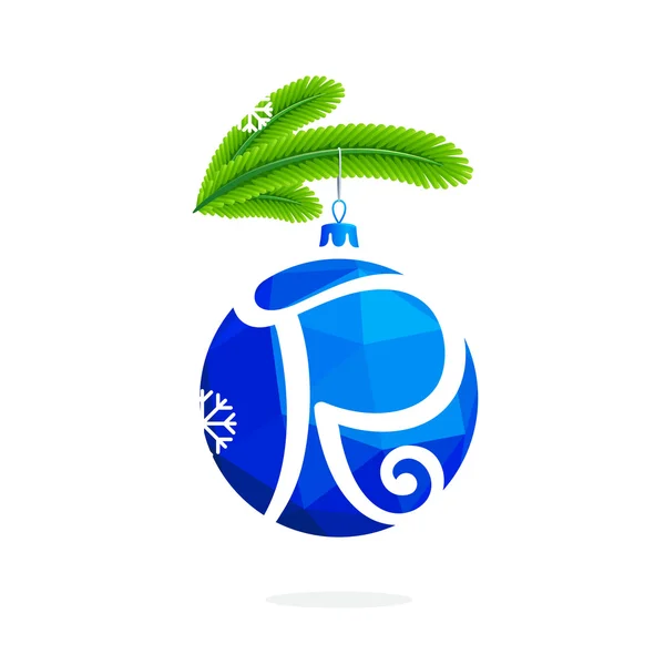 R carta con bola de Navidad de cristal azul . — Vector de stock