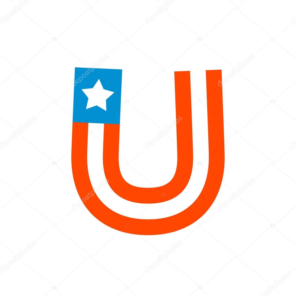 U letter with american stars and stripes.