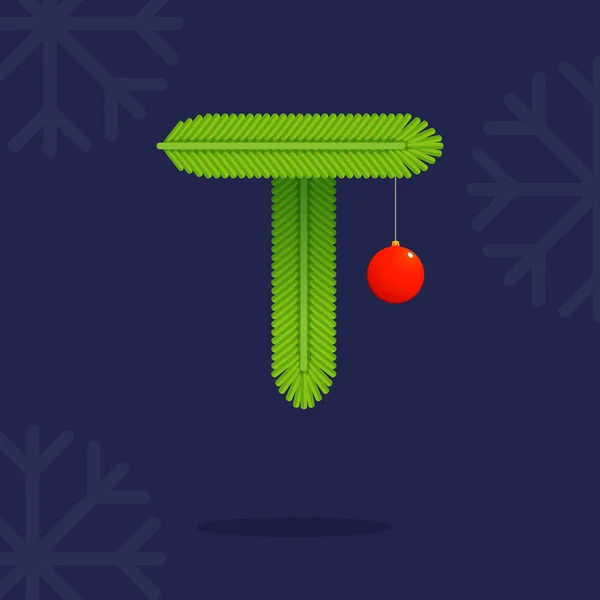Dopis T tvořená vánoční dekorativní jedle větve a ba — Stockový vektor