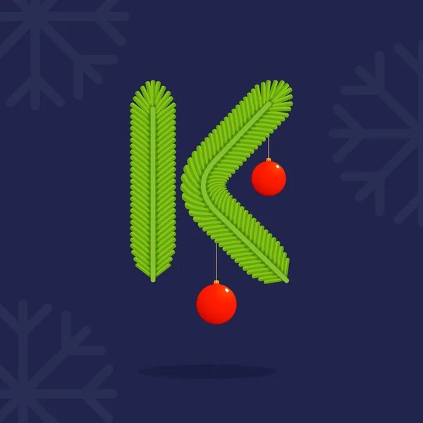 K betű alkotta dekoratív fenyő-karácsonyfa ágai és a ba — Stock Vector