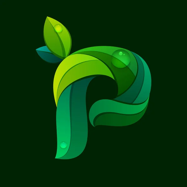 P logo de la letra formado por hojas verdes . — Vector de stock