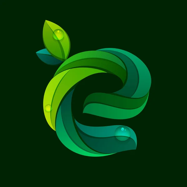 녹색 잎에 의해 형성 하는 E 편지 로고. — 스톡 벡터
