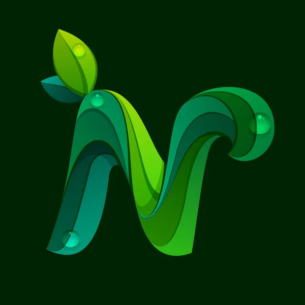 緑の葉によって形成される N 文字ロゴ. — ストックベクタ