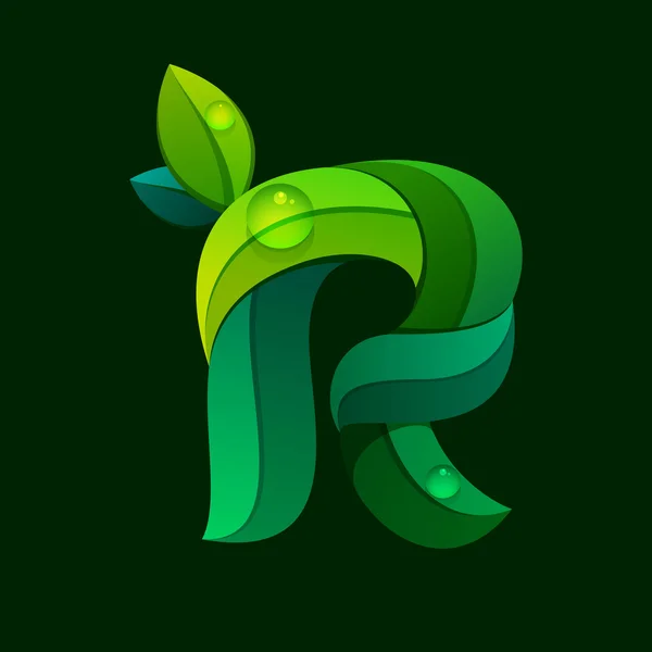 R brief logo gevormd door groene bladeren. — Stockvector