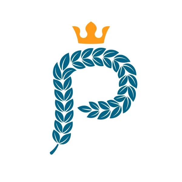 Logotipo de letra P formado por corona de laurel con corona — Vector de stock