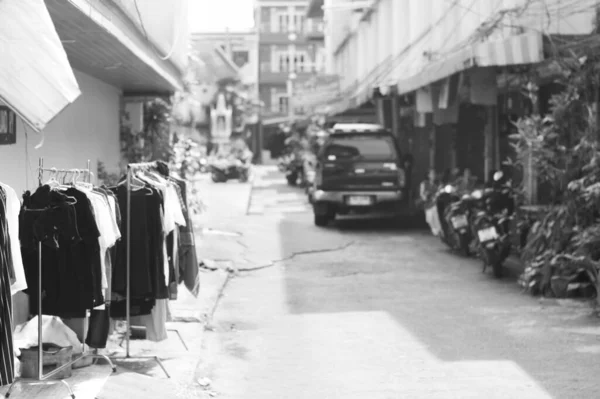 black and white capture of asian street in thailand