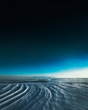 a man in blue space of frozen lake and starry sky