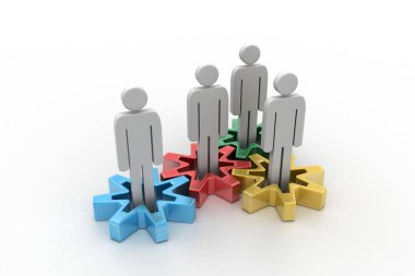 Bir grup stilize insan dişlilerin üzerinde duruyor.