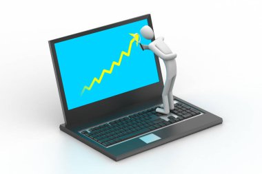 3D adam dizüstü bilgisayar başında