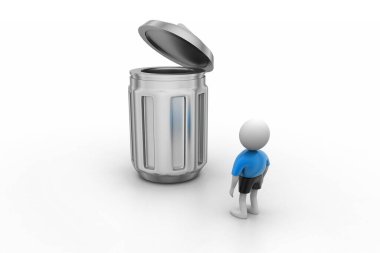 3D küçük insan bir çöp kutusunun yanında duruyor