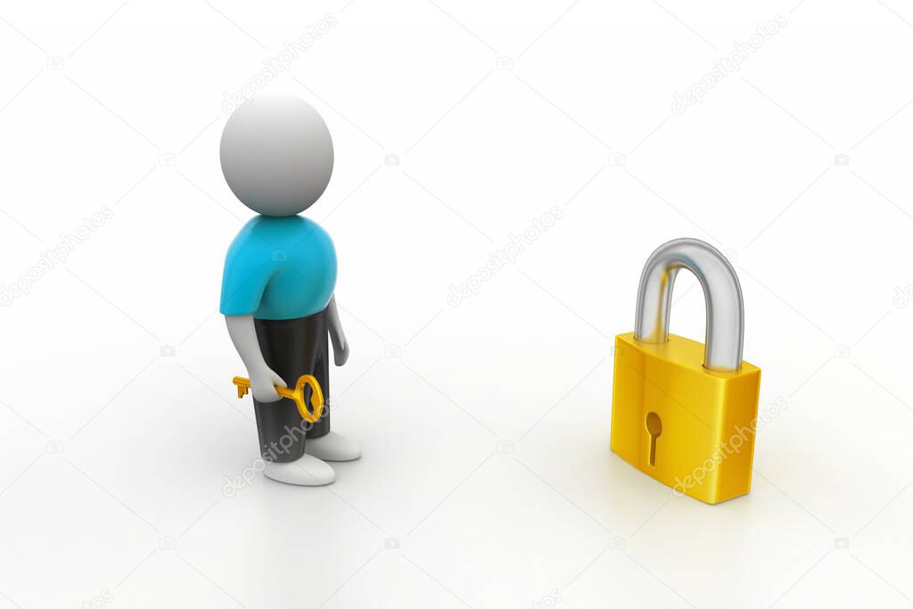 3D man holding a   key and padlock