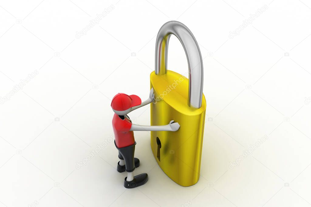 3D man holding a   padlock