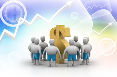 Dolar işaretinin etrafındaki 3 boyutlu insanlar