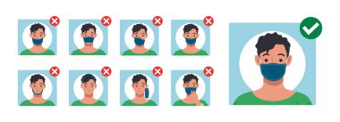 Yüz maskesi nasıl takılır? Maske grafik vektör illüstrasyonunu takarken hatadan kaçının.