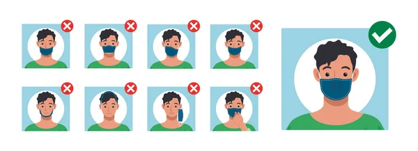 Cómo Usar Máscara Facial Correctamente Evite Errores Usar Máscara Ilustración — Archivo Imágenes Vectoriales