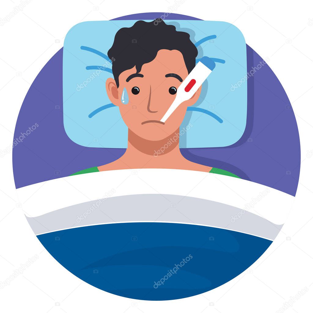 Sickman with thermometer lying in bed vector illustration.