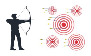 Yay, ok ve hedef işareti düz vektör illüstrasyonlu siluet okçusu.