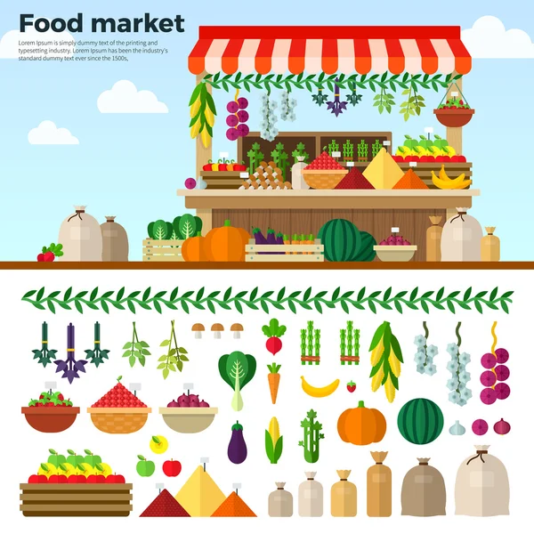 Здоровый продовольственный рынок овощей, фруктов, ягод — стоковый вектор