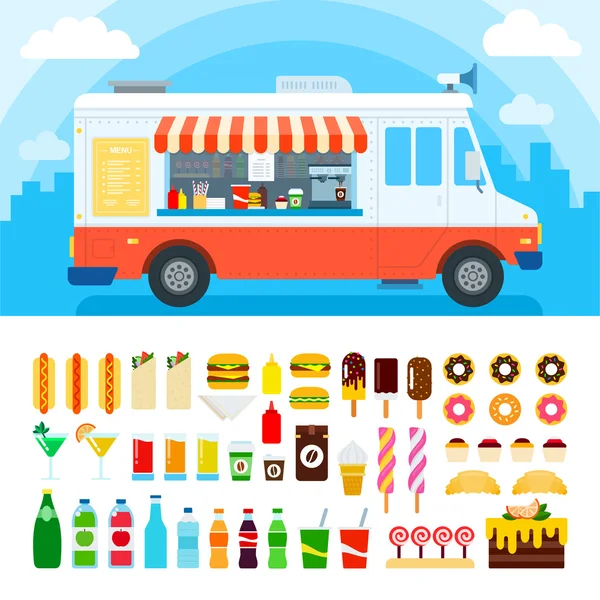 Camión de comida con bocadillos y confitería — Vector de stock