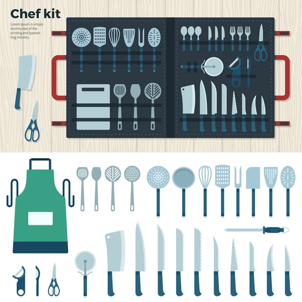 Herramientas de cocina modernas para cocinar. Kit de chef — Vector de stock