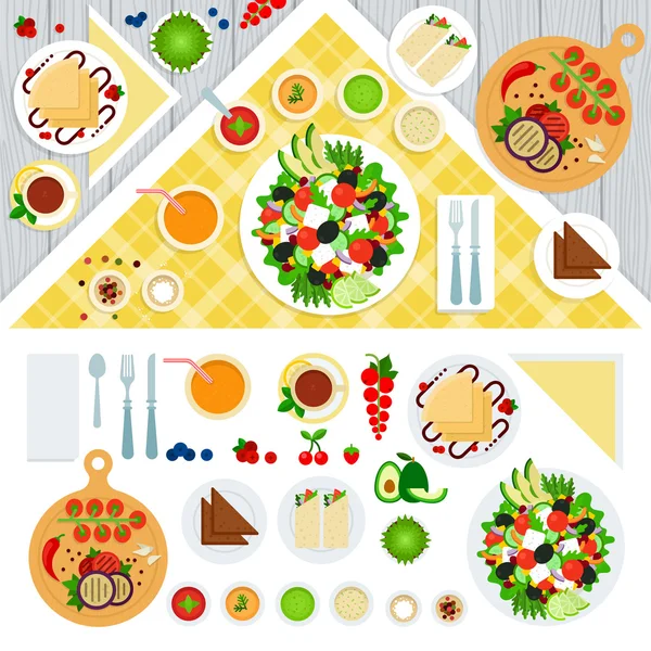Mesa servida con platos vegetarianos — Vector de stock