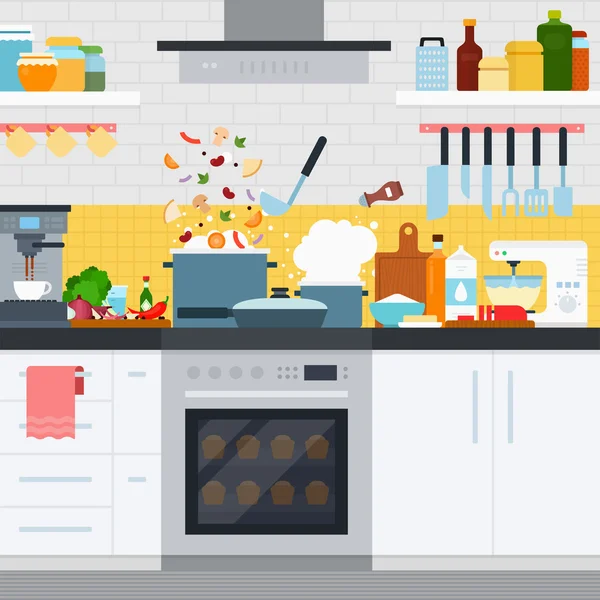 Cocina con utensilios y platos, cocina casera — Vector de stock