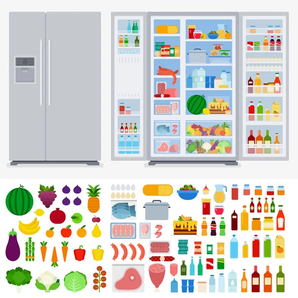 Refrigerador lleno de diferentes productos — Archivo Imágenes Vectoriales