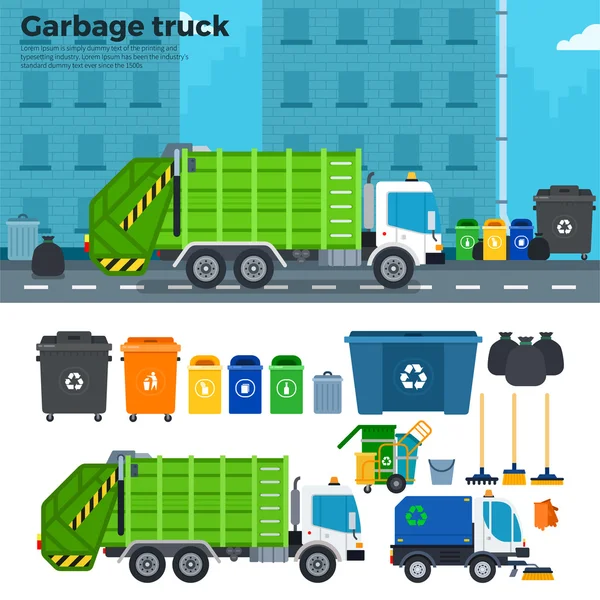 Garbage truck az utcán, kukák közelében — Stock Vector