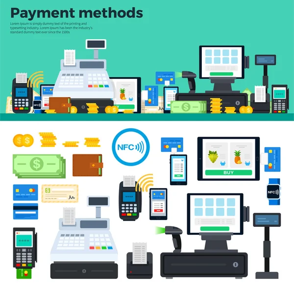 Métodos de pago con dispositivos sobre la mesa — Vector de stock