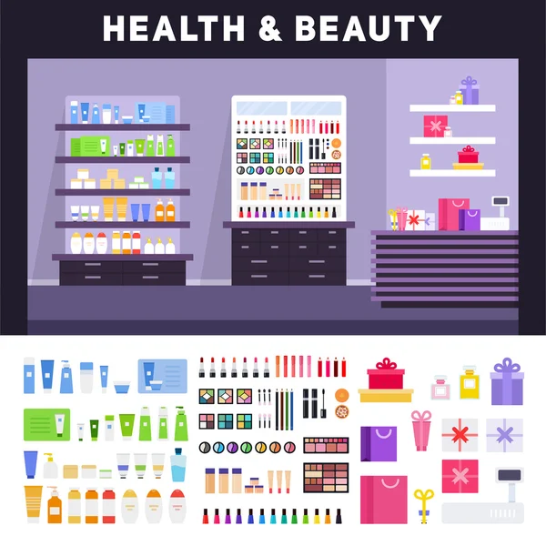 Tienda de belleza con cosméticos en los estantes — Vector de stock