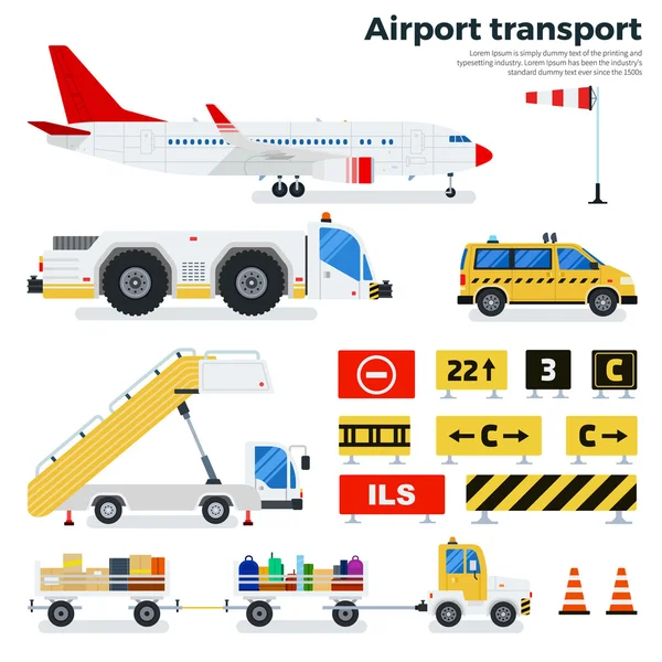 Verschiedene Flughafentransporte auf weißem Hintergrund — Stockvektor