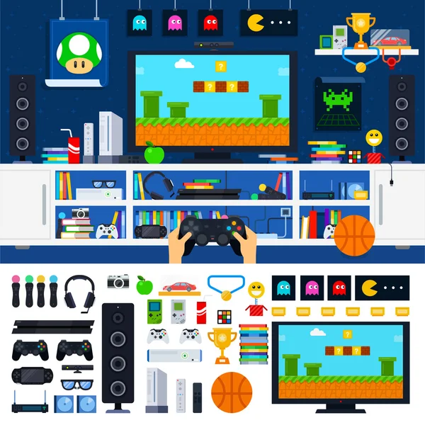 Gamer room interior with gadgets Stock Vector