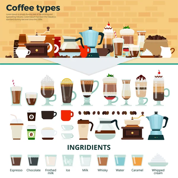 Café diferente en la mesa — Vector de stock