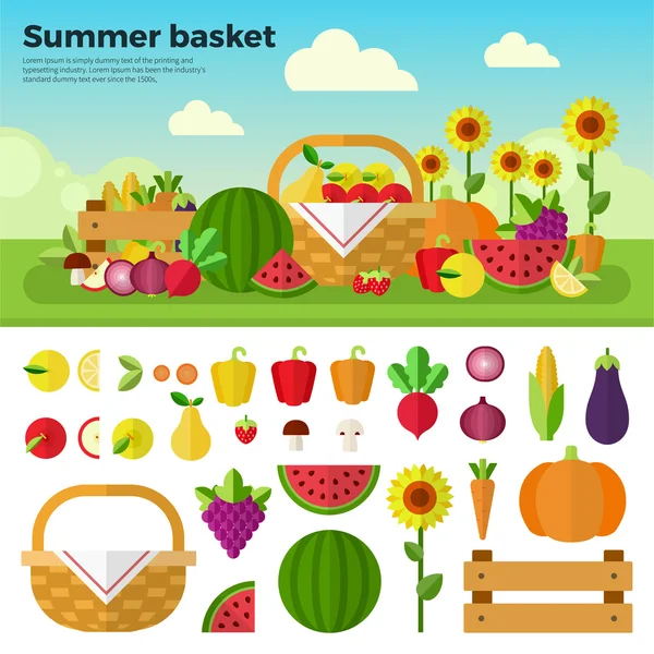 Basket full of fruits and vegetables — Stock Vector