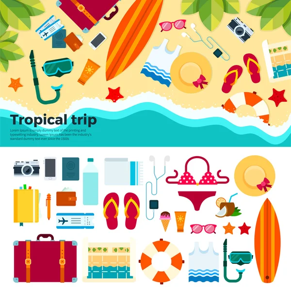 Kit para viagem tropical na areia — Vetor de Stock