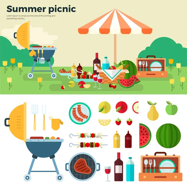 Zomer picknick op weide onder paraplu — Stockvector