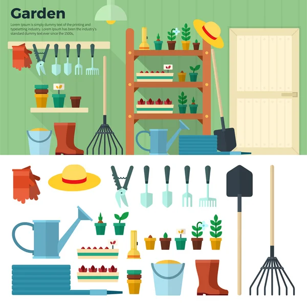 Concepto de Jardinería. Herramientas para trabajar en el jardín — Vector de stock