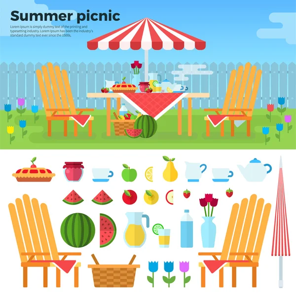 Picnic de verano e iconos de los alimentos — Archivo Imágenes Vectoriales