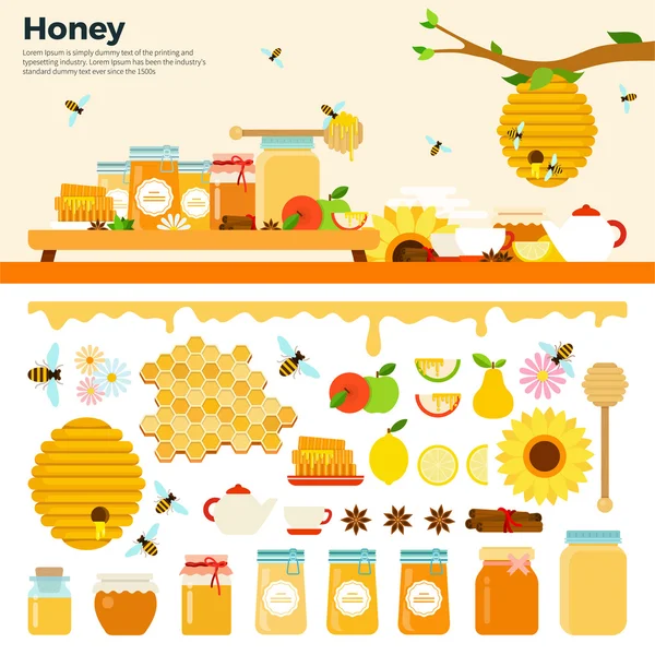 Productos de miel sobre la mesa — Vector de stock