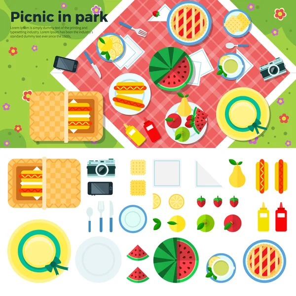 Summer Picnic in Park Banner and Icons — Stock Vector