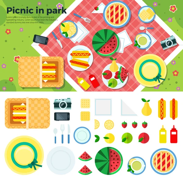 Zomerpicknick in het Park Banner en pictogrammen — Stockvector