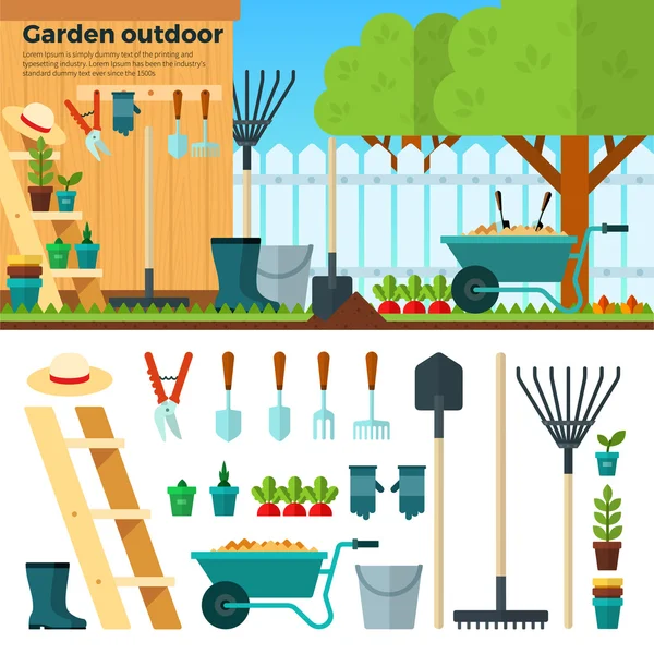 Summer Gardening Landscape in Cartoon Style - Stok Vektor